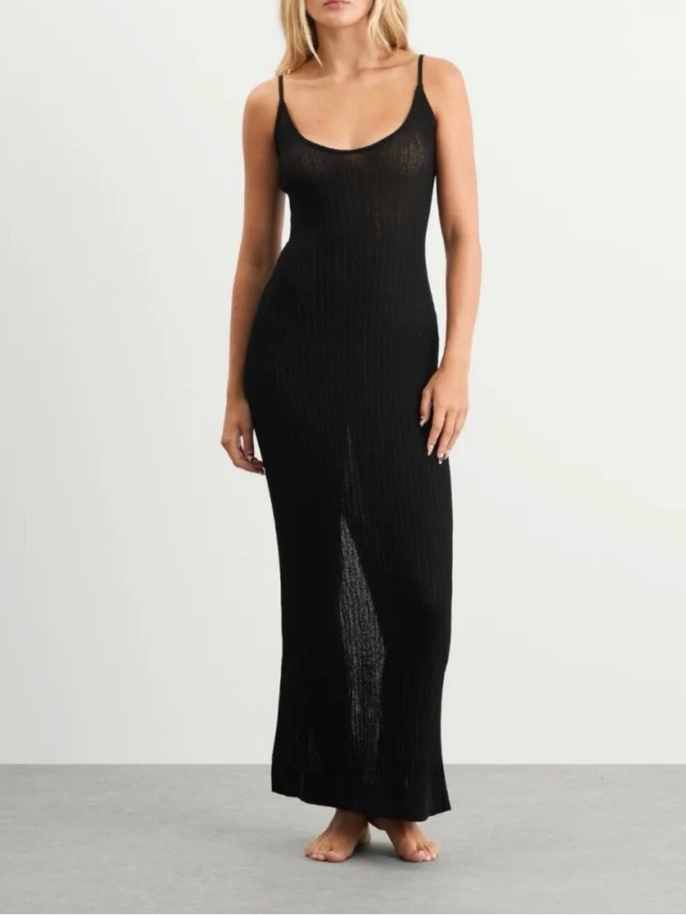 SKIMS NWT Ribbed Knit Spaghetti Strap Midi Dress - black color
